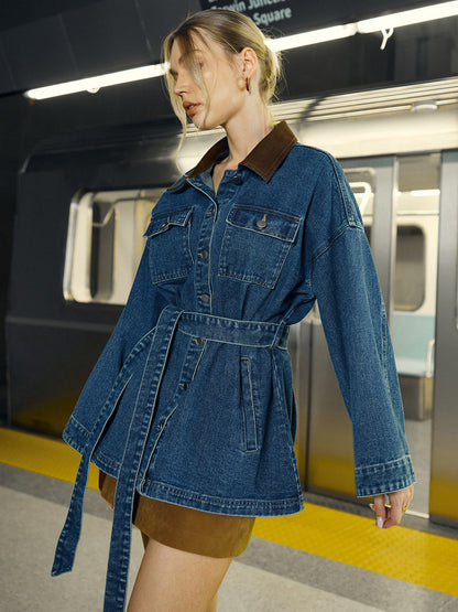 Lange Trendy Denim Jas Dames met Ceintuur en Zakken