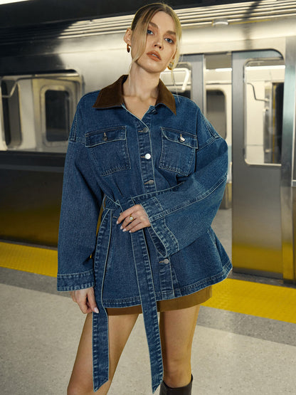Lange Trendy Denim Jas Dames met Ceintuur en Zakken
