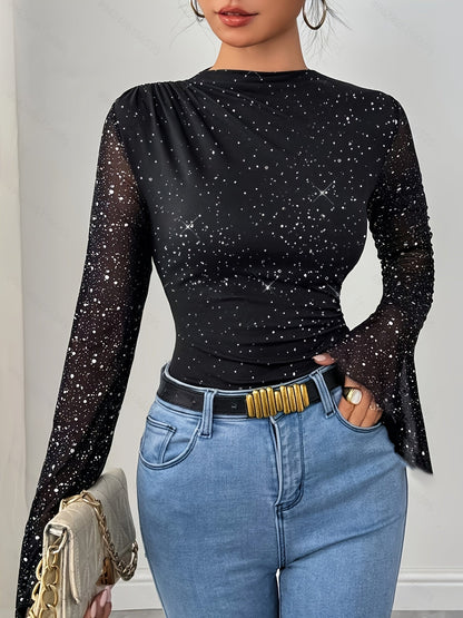 Marea | Mesh Bodysuit met Glitters en Trompetmouwen