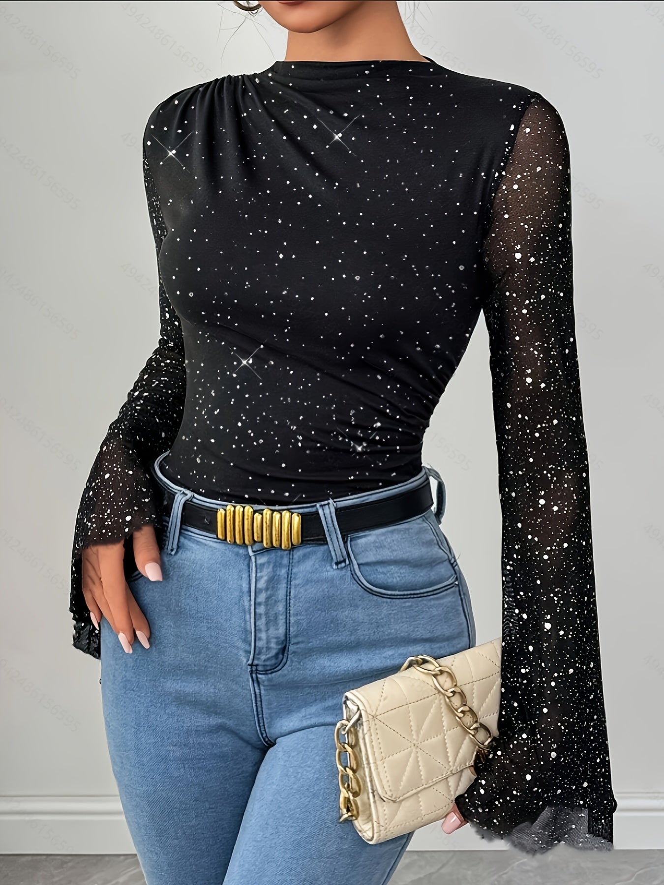 Marea | Mesh Bodysuit met Glitters en Trompetmouwen