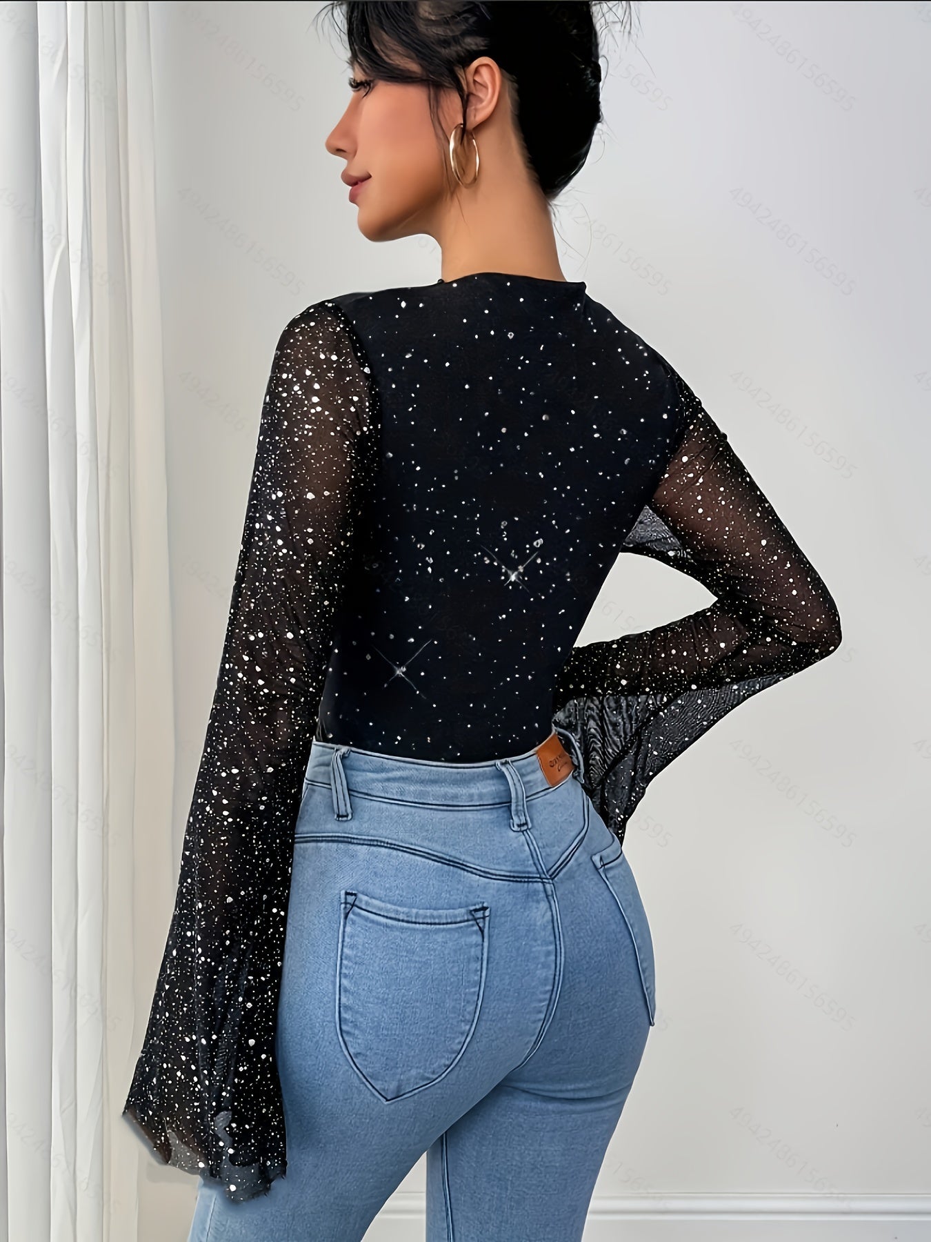 Marea | Mesh Bodysuit met Glitters en Trompetmouwen