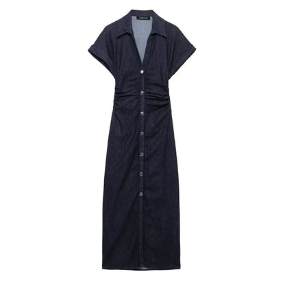 Mallou | Denim Midi Jurk met Knoopsluiting