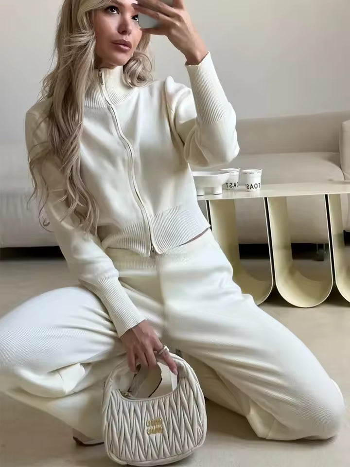 Trendy Dames 2 Delige Loungewear Set met Ritsvest en Wijde Broek