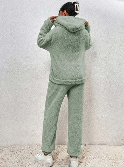 Comfortabele Zachte Teddy Jas Dames Loungewear Set met Hoodie