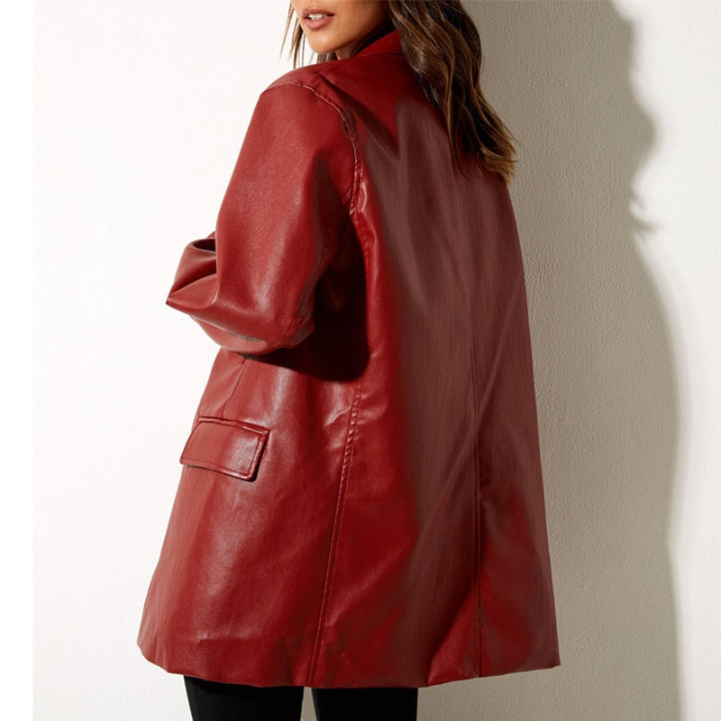 Oversized Women's Blazer with PU Leather and Button Closure