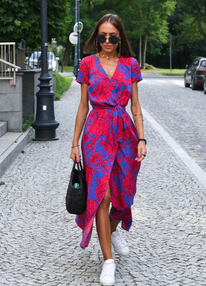 Luchtige Zomer Dames Midi Jurk Met V Hals En Korte Mouwen