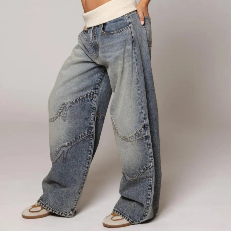 Jeans tendance taille basse pour femmes avec jambes larges patchwork