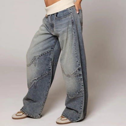 Trendy Vrouwen Low Rise Jeans Met Wijde Pijpen Patchwork