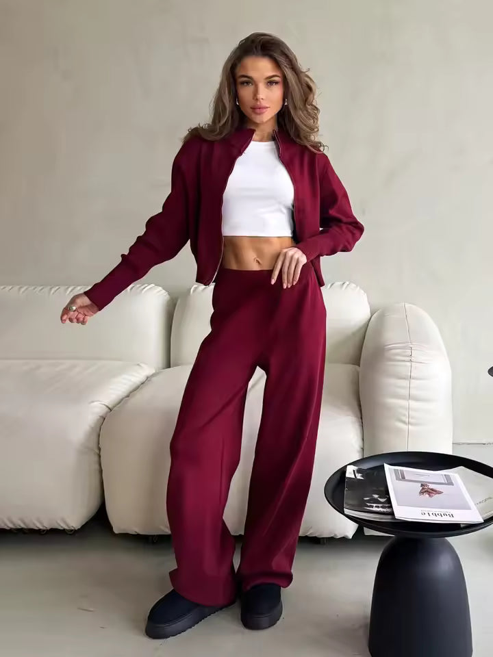 Trendy Dames 2 Delige Loungewear Set met Ritsvest en Wijde Broek