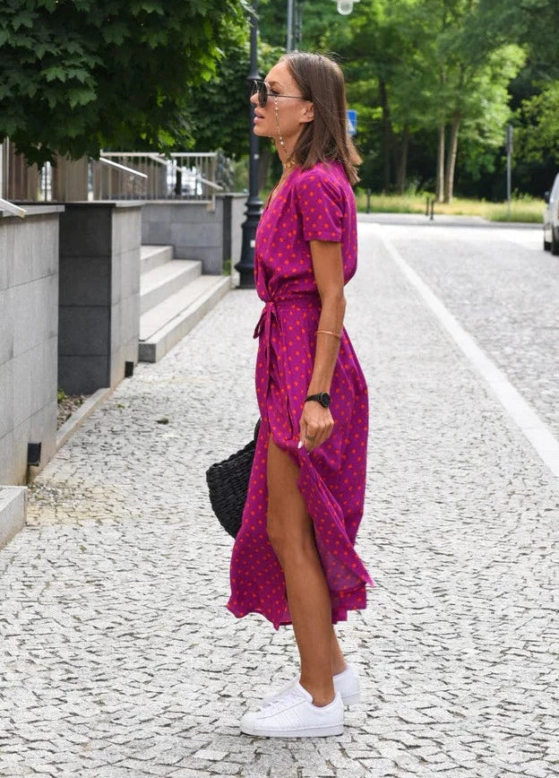 Luchtige Zomer Dames Midi Jurk Met V Hals En Korte Mouwen