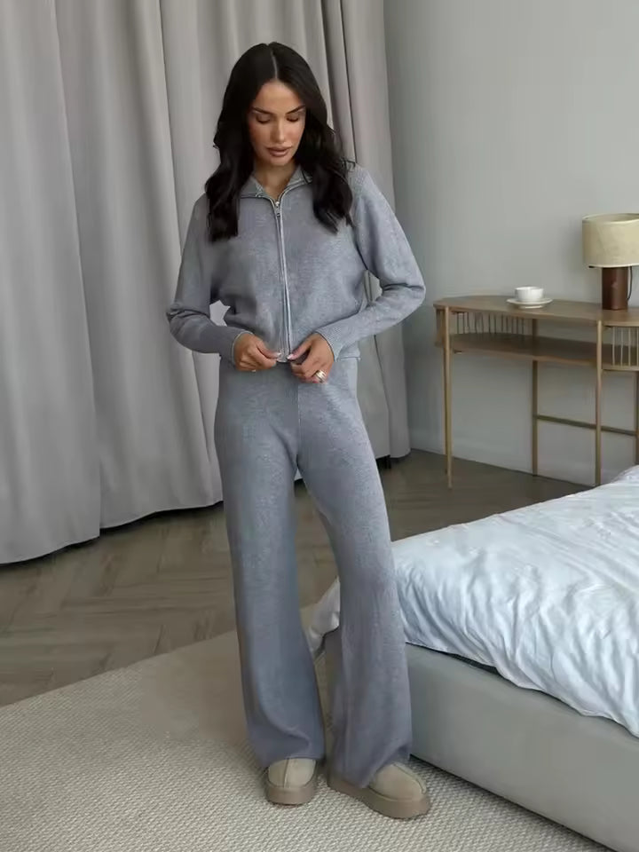 Trendy Dames 2 Delige Loungewear Set met Ritsvest en Wijde Broek