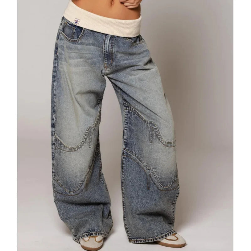 Jeans tendance taille basse pour femmes avec jambes larges patchwork