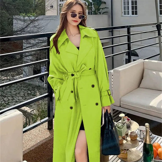 Lange Oversized Groene Dames Trenchcoat met Ceintuur