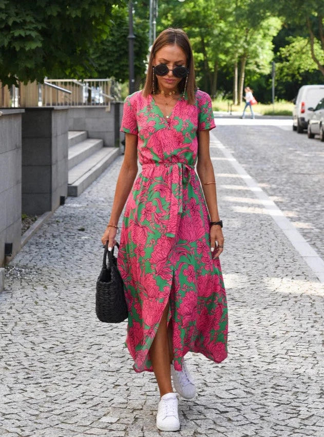 Luchtige Zomer Dames Midi Jurk Met V Hals En Korte Mouwen