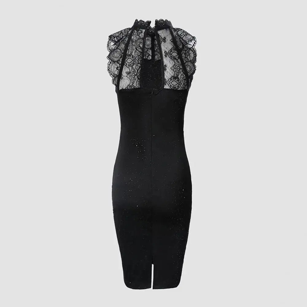 Glanzende Dames Cocktailjurk met Kanten Hals en Achtersplit