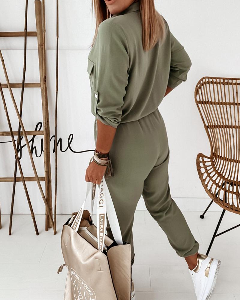 Casual Groene Dames Utility Jumpsuit Met Lange Mouwen