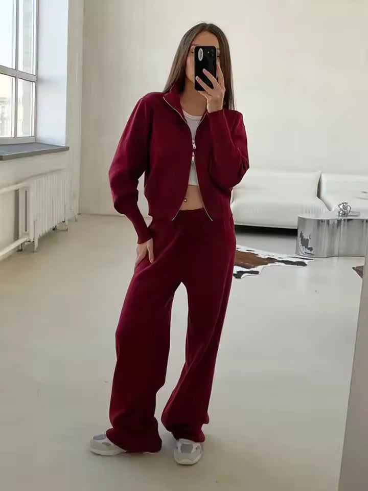 Trendy Dames 2 Delige Loungewear Set met Ritsvest en Wijde Broek