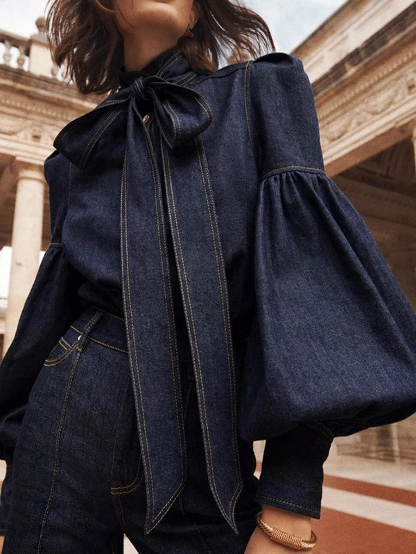 Marlies | Blouse en Denim pour Femme avec Nœud