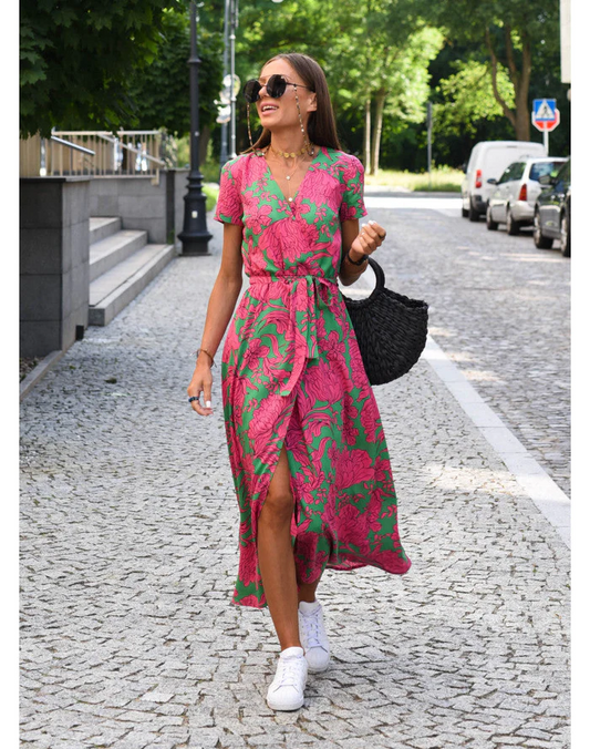 Luchtige Zomer Dames Midi Jurk Met V Hals En Korte Mouwen