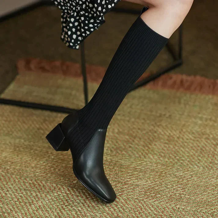 Vrouwen Elegante Knielaarzen met Gebreide Schacht en Blokhak