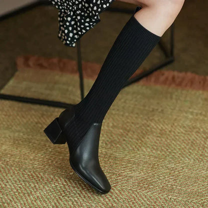 Vrouwen Elegante Knielaarzen met Gebreide Schacht en Blokhak