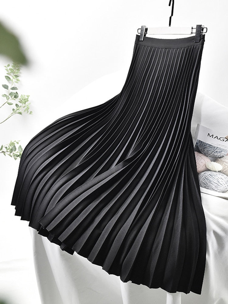 Elegante Dames Plissé Midi Rok met Hoge Taille