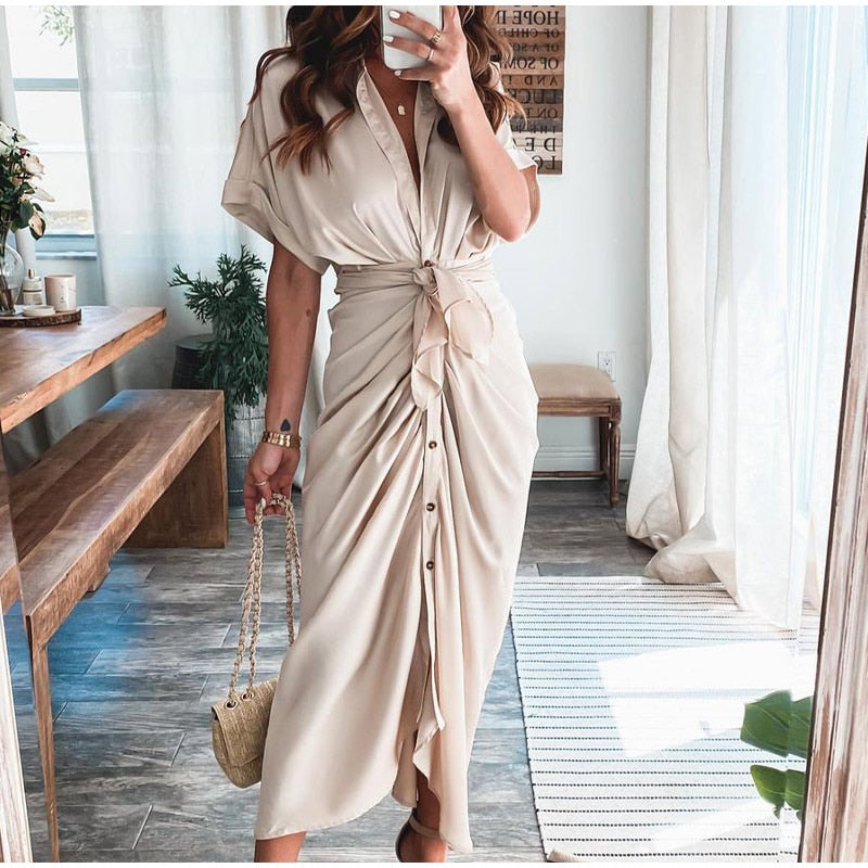 Sjaan | Strakke Knopen Midi Jurk