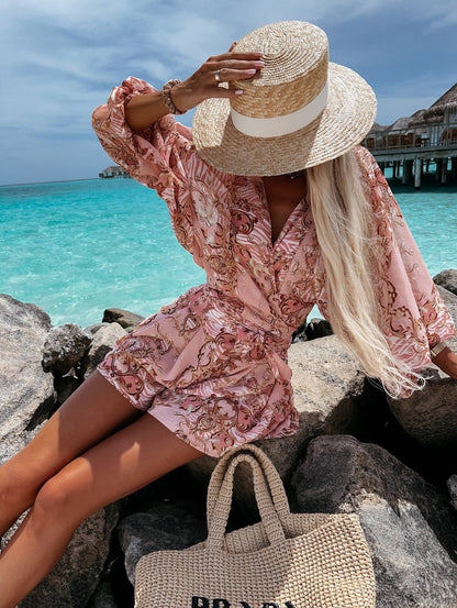 Floortje | Zwierige Playsuit met Tropische Print en Kimono Mouwen