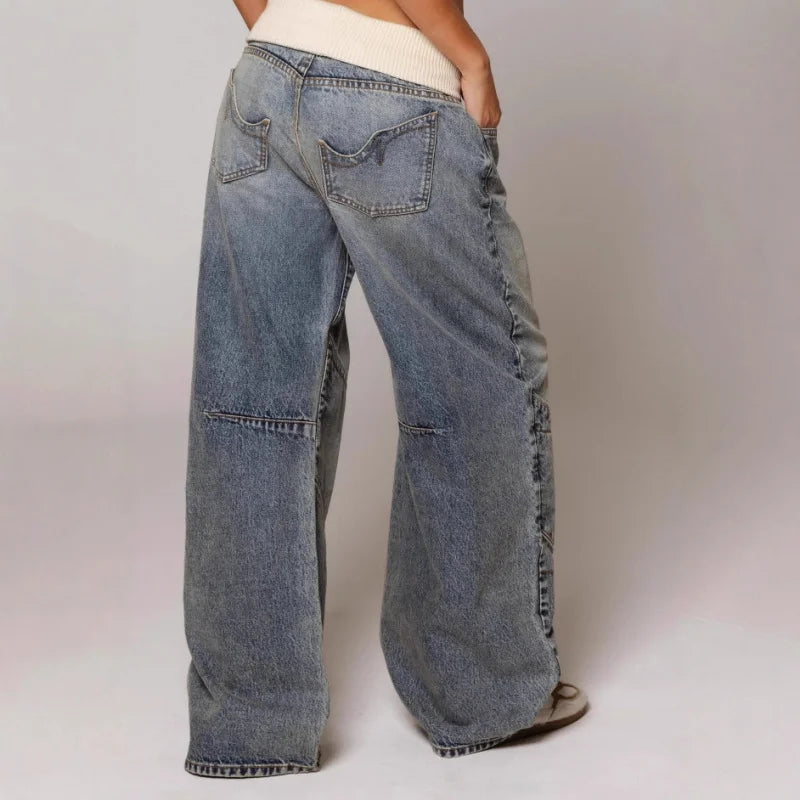 Jeans tendance taille basse pour femmes avec jambes larges patchwork