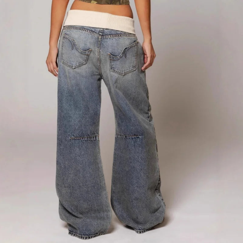 Jeans tendance taille basse pour femmes avec jambes larges patchwork