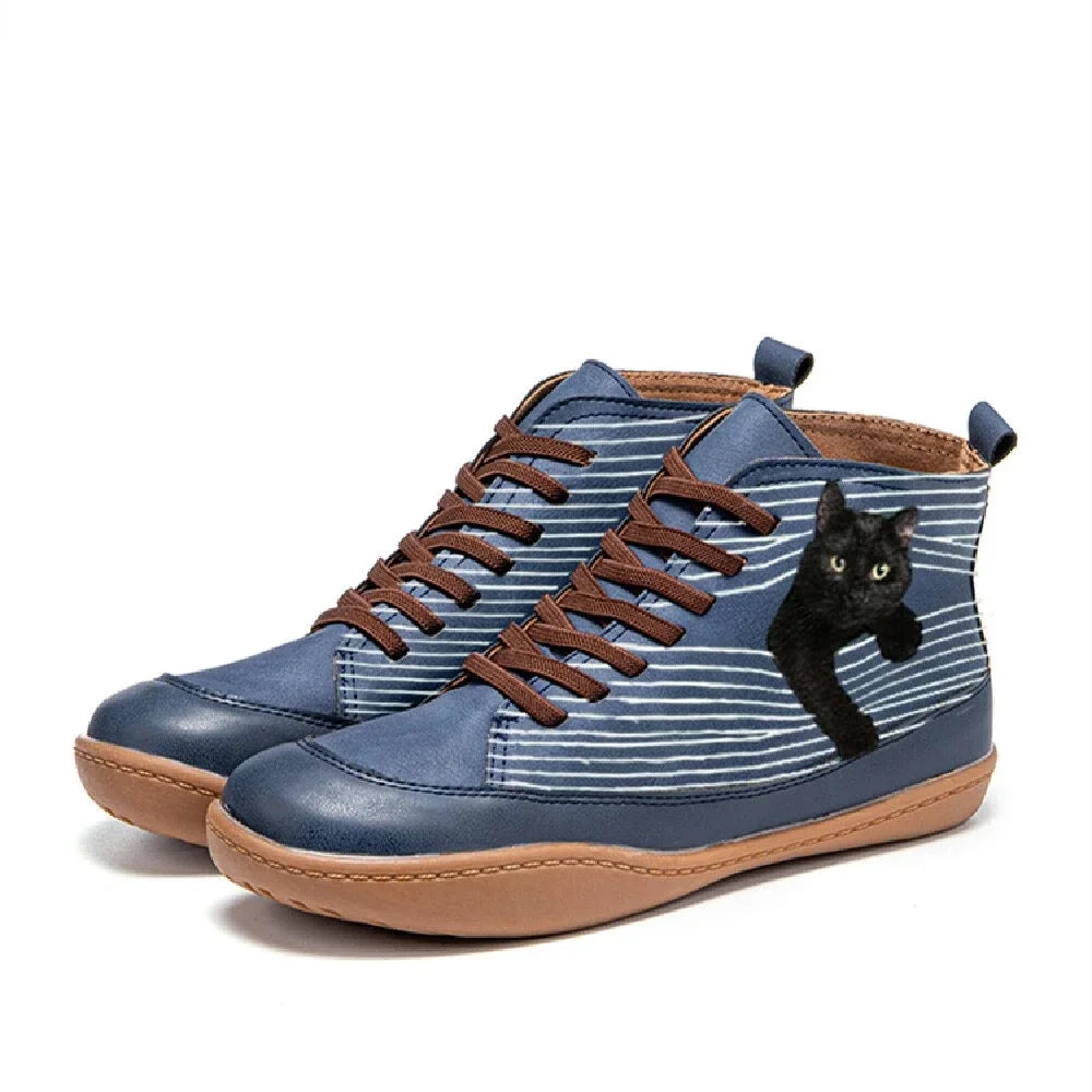 Antislip Dames Enkellaarsjes met Vetersluiting en Kattenprint