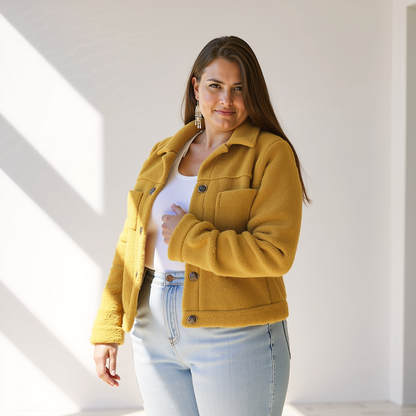 Trendy Zachte Dames Teddy Herfstjas met Knopen en Zakken