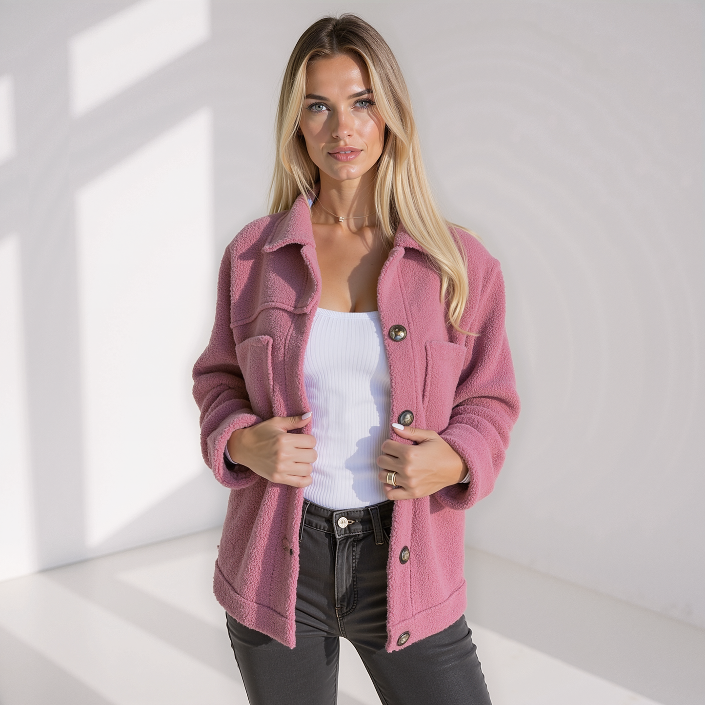 Trendy Zachte Dames Teddy Herfstjas met Knopen en Zakken