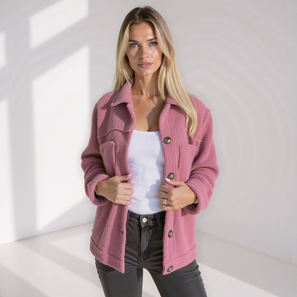 Trendy Zachte Dames Teddy Herfstjas met Knopen en Zakken