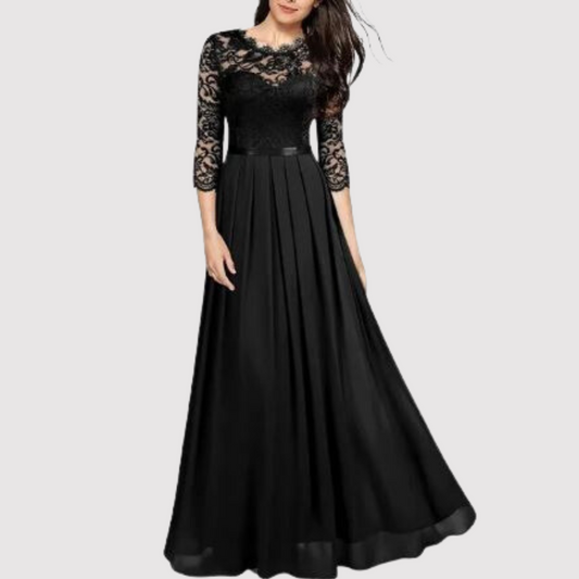 Elke | Elegante Avondjurk met Kant en Vloeiende Rok