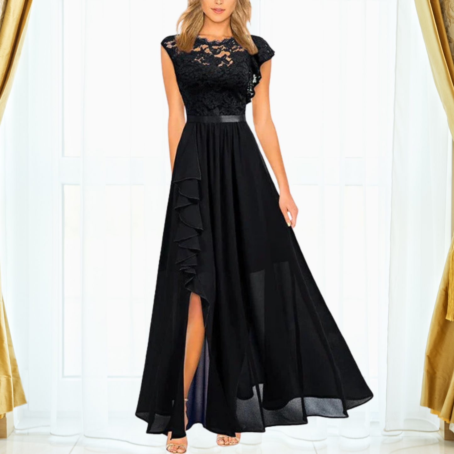 Pamila | Elegante Avondjurk met Kant en Ruches