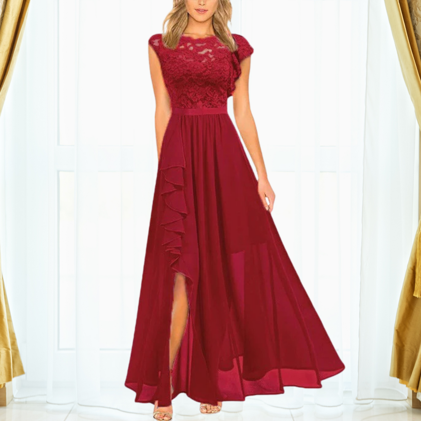 Pamila | Elegante Avondjurk met Kant en Ruches