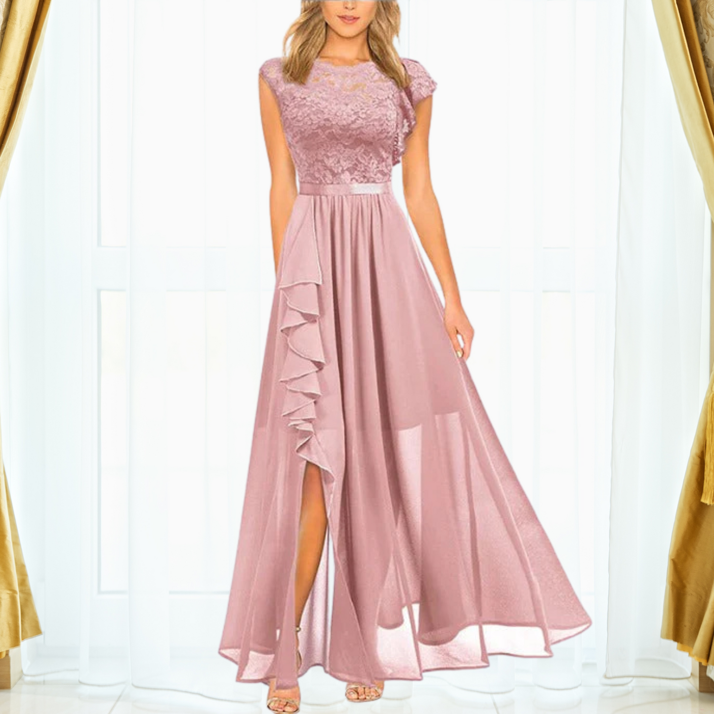Pamila | Elegante Avondjurk met Kant en Ruches