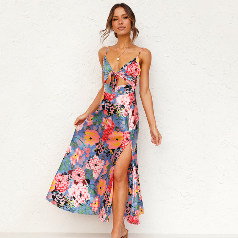 Robe maxi d'été à imprimé floral avec détail nœud