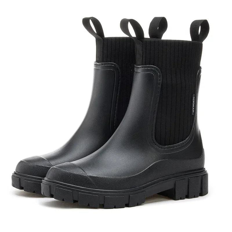 zwarte waterdichte chelsea regenlaars van pvc met elastische inzet