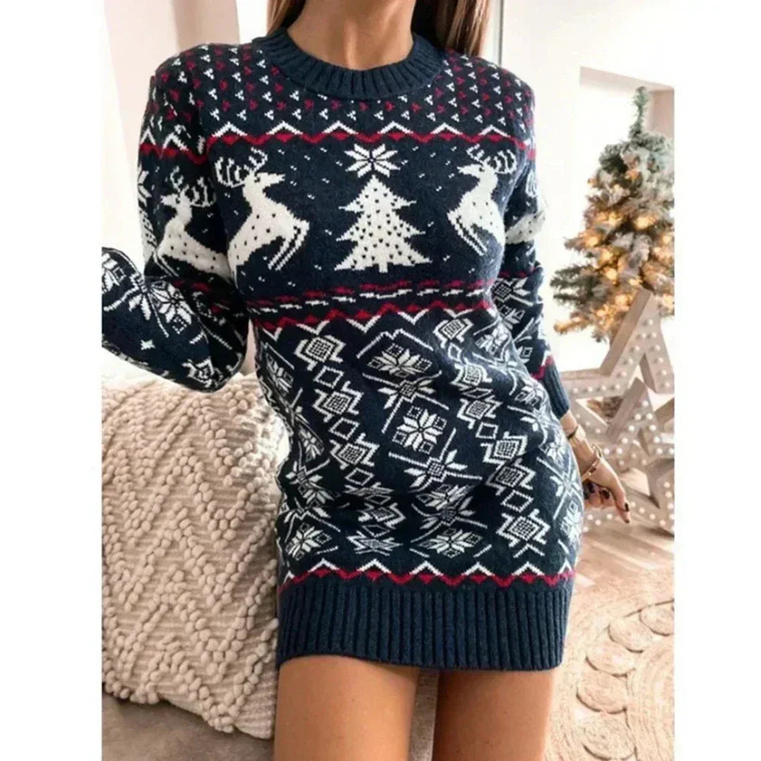 Warme Gebreide Dames Sweaterjurk met Rendierprint en Ribboorden