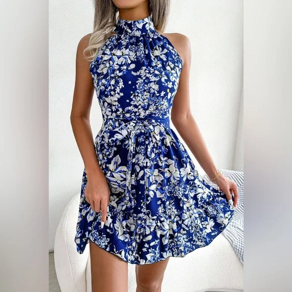 Devin | Floral Halter Dress with Ruffled Hem