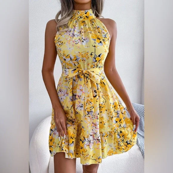 Devin | Floral Halter Dress with Ruffled Hem