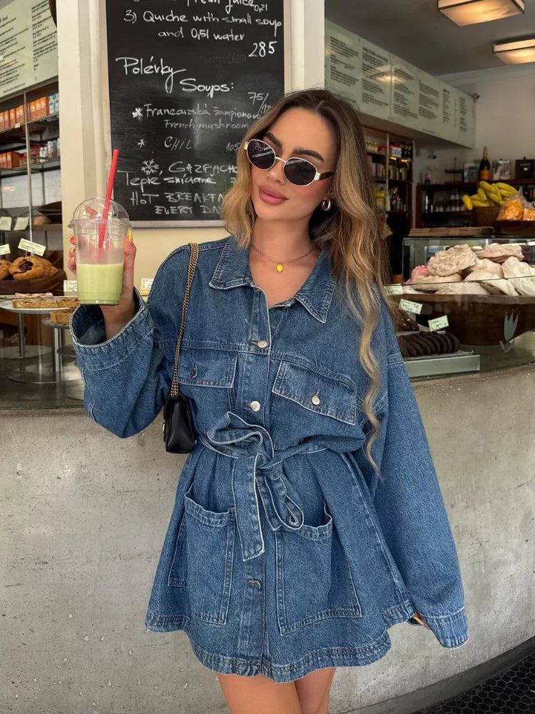 Lange Trendy Denim Jas Dames met Ceintuur en Zakken