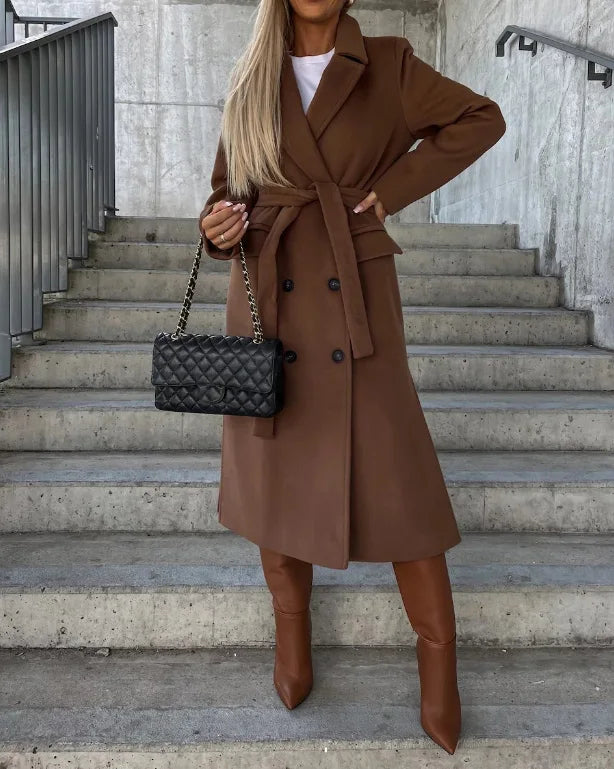 Elegant chic tailored women's wool coat with belt