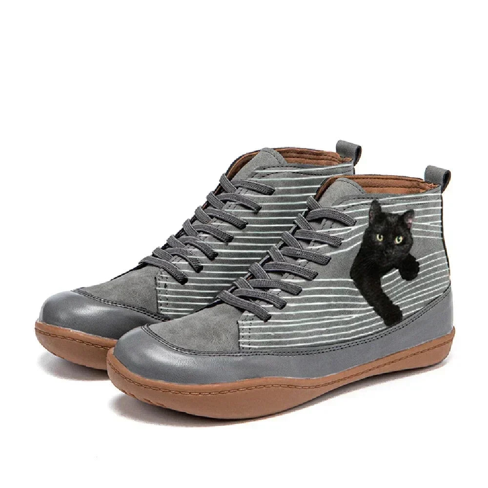 Antislip Dames Enkellaarsjes met Vetersluiting en Kattenprint