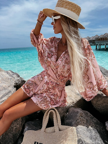 Floortje | Zwierige Playsuit met Tropische Print en Kimono Mouwen