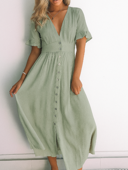 Elegante Zomerse Dames Midi Jurk Met V Hals En Knoopsluiting