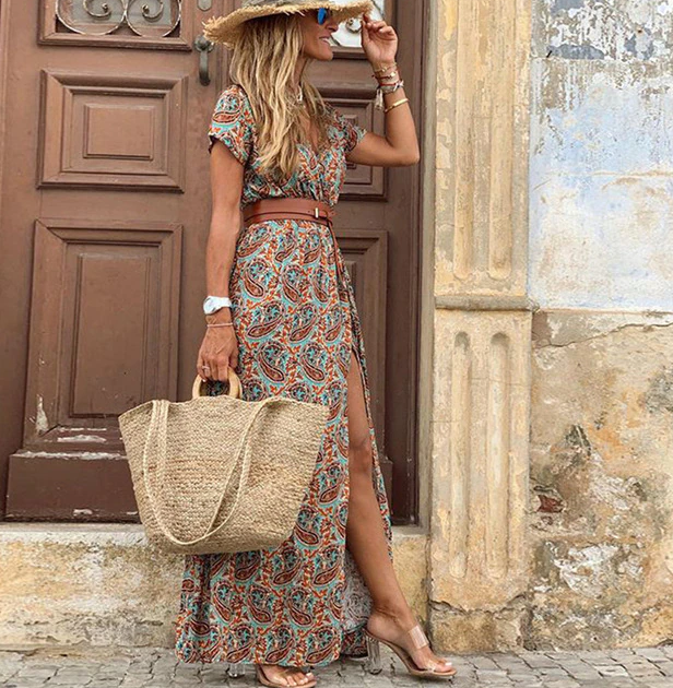 Bohemian Zomerse Dames Maxi Jurk Met Print En V Hals