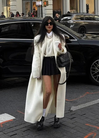Wit Oversized Dames Lange Mantel Jas met Reverskraag